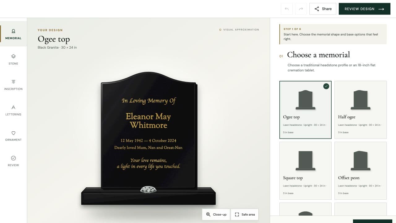 The memorial designer showing a polished black granite headstone with an editable gilded inscription and memorial shape controls