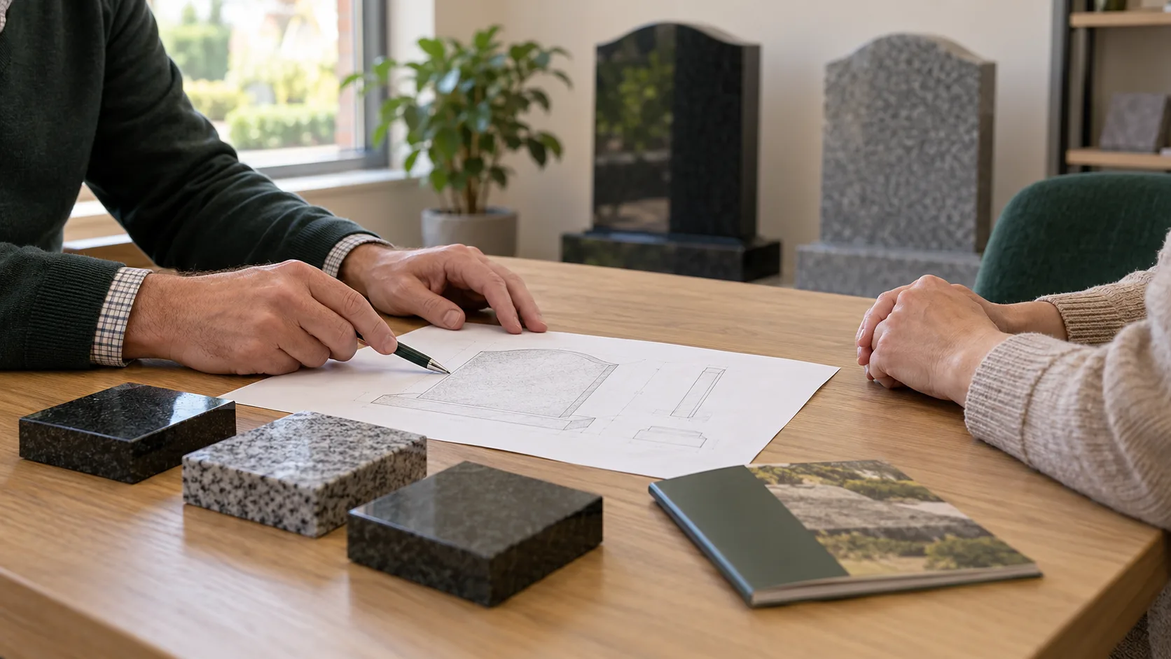 A memorial design consultation with a headstone drawing and polished granite samples on a desk.