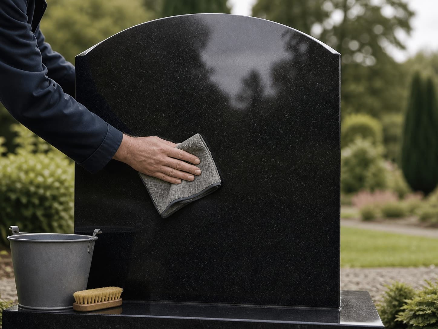 A polished black granite memorial being carefully cleaned with a soft cloth